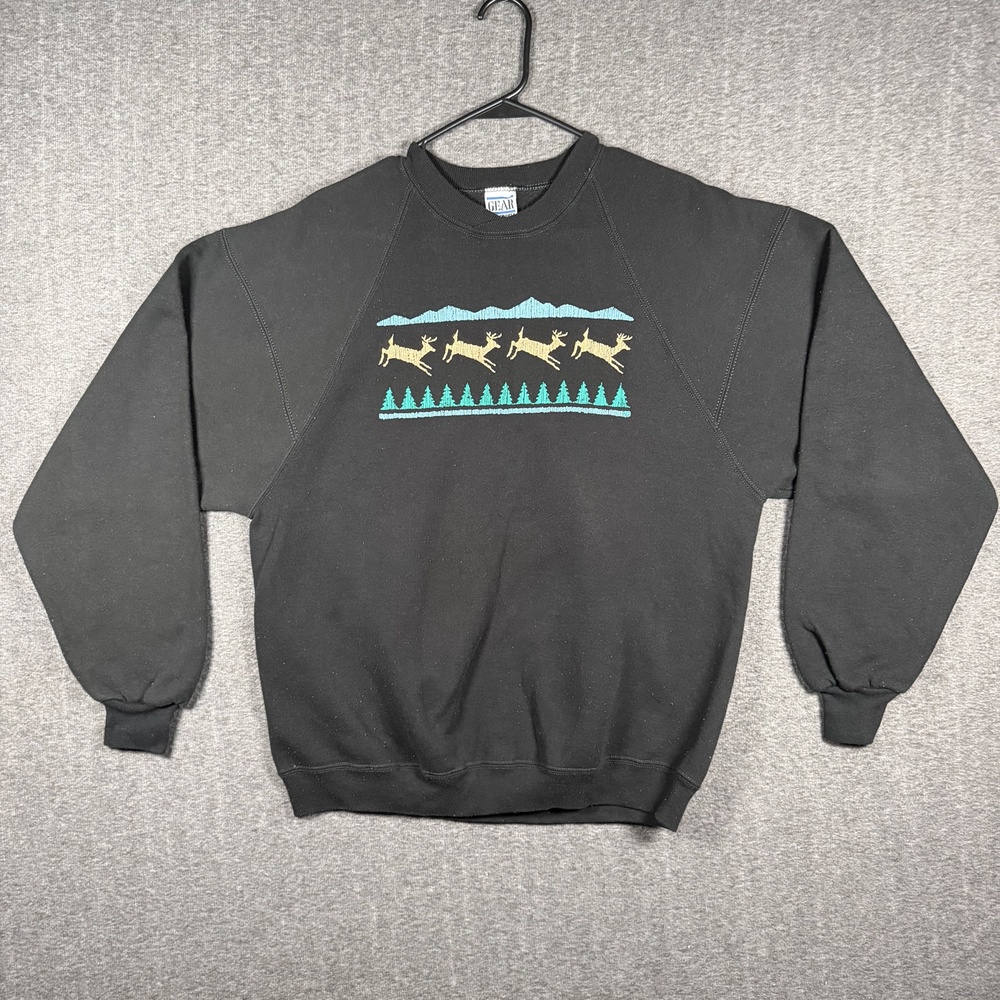 Vintage GEAR for Sports Sweatshirt XL Black Embroidered Deer Trees USA Wildlife